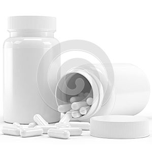 Medicine bottle without labels with white pills on white background