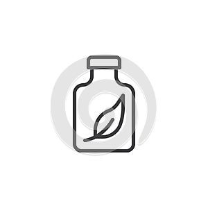 Medicine bottle with leaf inside outline icon