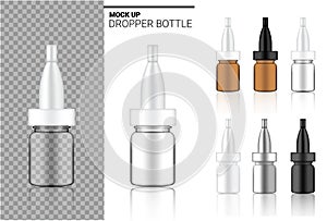 Medicine Bottle Mock up Realistic transparent Amber, white, black and glass ampoule or dropper plastic Packaging. for Food and