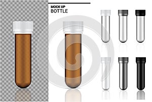 Medicine Bottle Mock up Realistic transparent Amber, white, black and glass ampoule Packaging. for Food and Health Care Product on