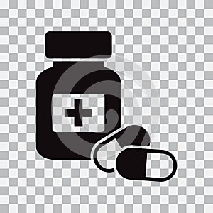 Medicine bottle and pills. Black icon. Vector illustration