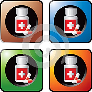 Medicine bottle with pills colored web buttons