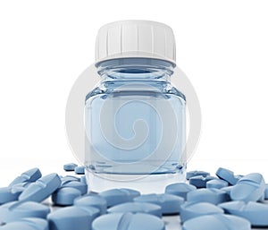 Medicine bottle and pills isolated on white background. 3D illustration