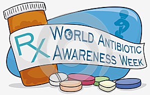 Medicine Bottle, Pills and Ribbon for World Antibiotic Awareness Week, Vector Illustration