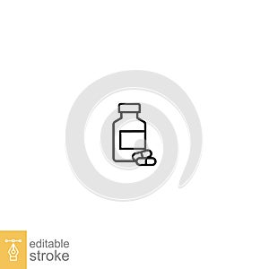 Medicine bottle and two capsules line and solid icon. Pain killer, vitamin pharmacy logo