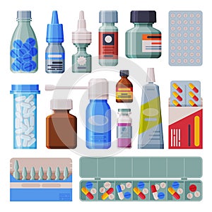 Medicine Bottles and Blister with Capsules Set, Pharmaceutical Products, Medical Prescription Packaging Flat Style