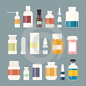 Medicine bottles collection. Bottles of drugs, tablets, capsules and sprays. Vector illustration photo