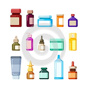 Medicine bottles for drugs, pills and vitamins flat vector icons