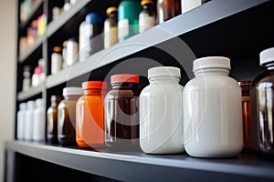 Medicine bottles neatly lined up on a drugstore shelf, ready for patients