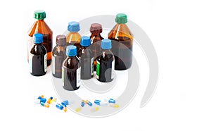 Medicine bottles, pills on white background with copy space for text, retro health care concept