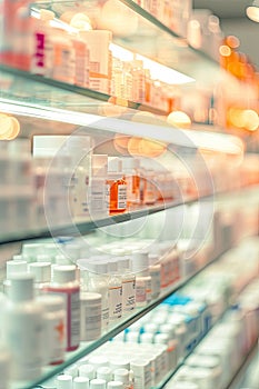Medicine Bottles Stacked in Busy Pharmacy