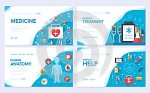 Medicine brochure card set. Medical template of flyear, web banner, ui header, enter site. Clinical layout invintatio