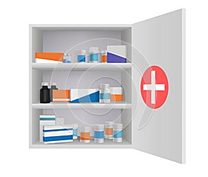Medicine cabinet with tablets pills and drug bottles. Home pharmacy in bathroom 3d vector illustration. Open box with