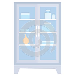 Medicine cabinet with transparent doors in blue color in flat style, cartoon illustration, isolated object on white background,