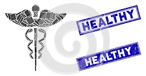 Medicine Caduceus Symbol Mosaic and Grunge Rectangle Healthy Stamp Seals