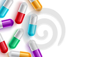 Medicine capsule vector background template. Medicine capsule and colorful drug pills with empty white space