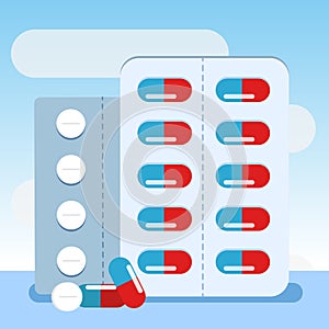 Medicine, capsule vector, pharmacy, hospital set of drugs with label