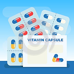 Medicine, capsule vector, pharmacy, hospital set of drugs with label