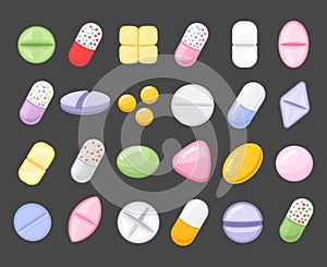 Medicine cartoon pill, drug, table, antibiotics, medication dose cartoon flat style icons.