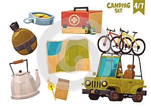 Medicine chest teapot flask map compas car with bicycles camping set