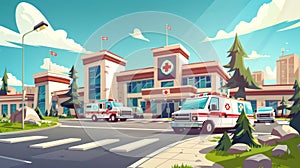 Medicine city infirmary health care infrastructure, medic multistorey office, Cartoon illustration of hospital clinic