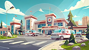 Medicine city infirmary health care infrastructure, medic multistorey office, Cartoon illustration of hospital clinic photo