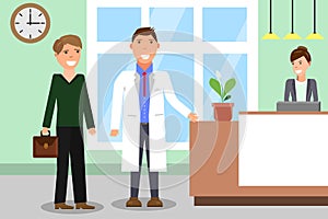 Medicine concept with doctor and patients on hospital hall background. Doctor and patient in reception of hospital.
