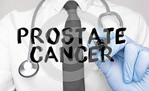 Medicine concept. Doctor writes the word Prostate Cancer . Image of a hand holding a marker isolated on a white background