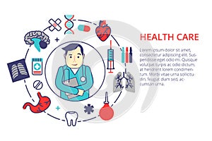 Medicine concept in flat line style. Health care vector illustration with doctor and medical items. For web, info graphic and ban