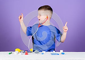 Medicine concept. Health care. Medical examination. Medical education. Play game. Boy cute child future doctor career