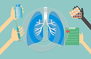 Medicine concept - lungs shape and hands with medical things
