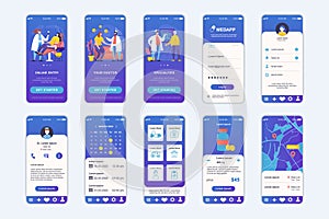 Medicine concept screens set for mobile app template. People get online doctor diagnostic consultation, buy medicines. UI, UX, GUI