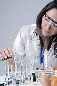 Medicine Concepts. Female Laboratory Staff Working with Flasks and Fruits Specimens in Laboratory Environment