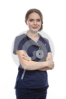 Medicine Concepts. Portrait of Positive Professional Doctor Posing With Viewing Mirror in Doctor`s Smock Against White