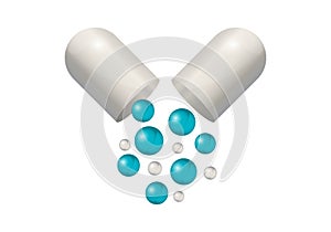 Medicine 3d pill, capsule vector icon, white open medical tablet, realistic drug half, pharmacy mockap, falling blue balls,