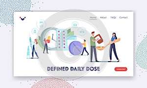 Medicine Define Daily Dose Landing Page Template. Tiny Characters Take Pills in Time to Treat Disease or Stop Pain