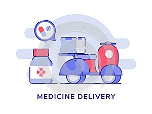 Medicine delivery concept pharmacy drug box delivery on scooter white isolated background with flat color outline style