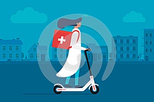 Medicine delivery pharmacy. Young female doctor riding electric scooter with medical surgical sanitary box first aid on