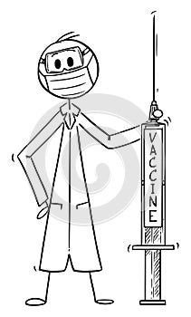 Medicine Doctor with Covid-19 or Coronavirus Vaccine, Vector Cartoon Stick Figure Illustration