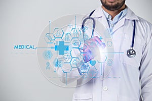 Medicine doctor hand working with modern computer interface