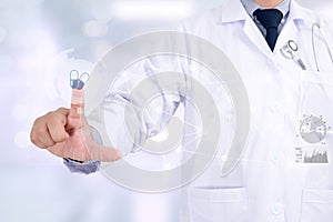 Medicine doctor hand working with modern computer interface as m