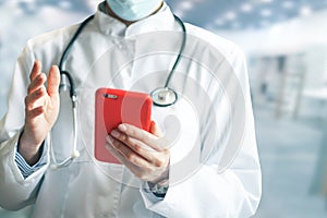 Medicine doctor hand working with modern computer and smart phone with social media network in hospital