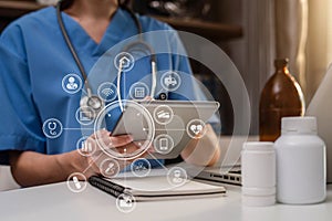 Medicine doctor hand working with modern digital tablet computer.