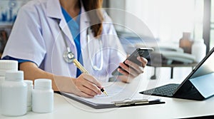 Medicine doctor hand working with modern digital tablet computer interface as medical network concept in