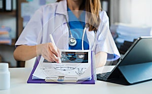 Medicine doctor hand working with modern digital tablet computer interface as medical network concept in