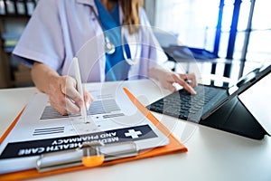 Medicine doctor hand working with modern digital tablet computer interface as medical network concept in