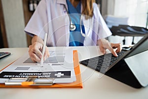 Medicine doctor hand working with modern digital tablet computer interface as medical network concept in