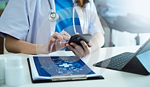 Medicine doctor hand working with modern digital tablet computer interface as medical network concept in