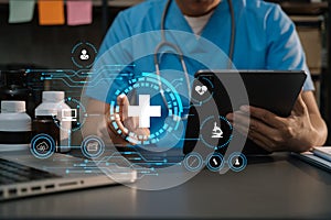 Medicine doctor hand working with modern digital tablet computer interface as medical network concept