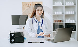 Medicine doctor hand working with modern digital tablet computer interface as medical network concept